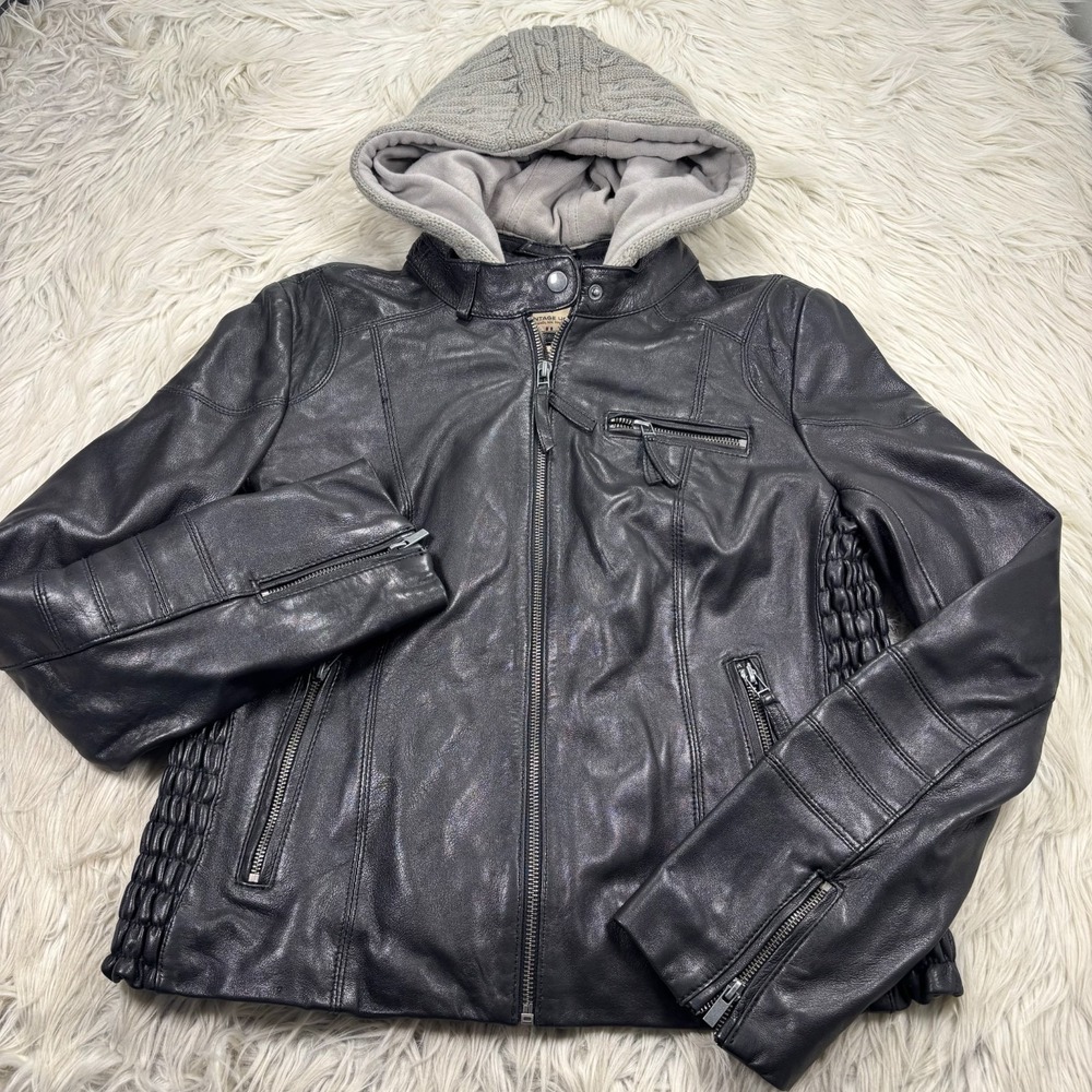 Wilson Vintage USA Women's L Leather Black Jacket Removable Hood Knit Trim Moto